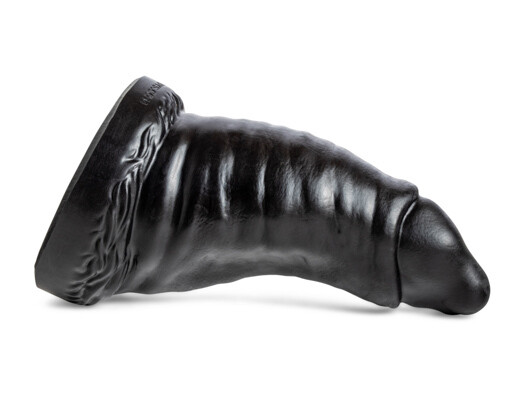 The Rabbit dildo in black silicone, lying horizontally to showcase its wide, tapered head and textured shaft.