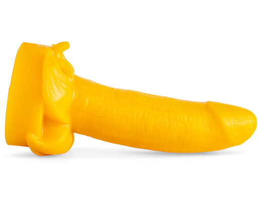 Side view of realistic Golden Yellow Banana Dildo laying horizontally, with detailed peeled base and textured shaft, fantasy sex toy design