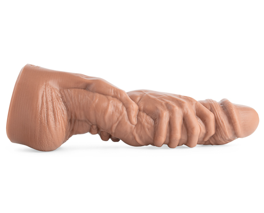 Full side profile of Dana’s Grip fisting dildo in Natural Tan, showcasing realistic hand-grip design and textured shaft for deep penetration and intense stretch.