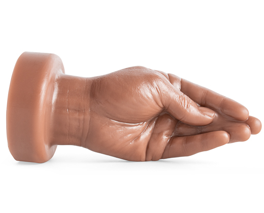 Handyman Butt Plug by Mr. Hankey’s Toys laying on its side, showing lifelike palm and thumb details in Natural Tan silicone, sculpted in silent duck hand position