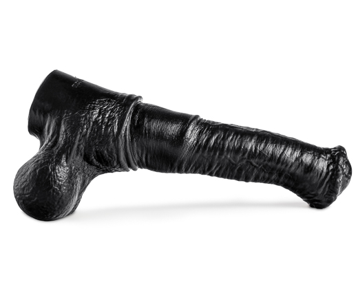 Horizontal view of Horse Dildo's girthy silhouette and smooth black finish, made from premium body-safe silicone.
