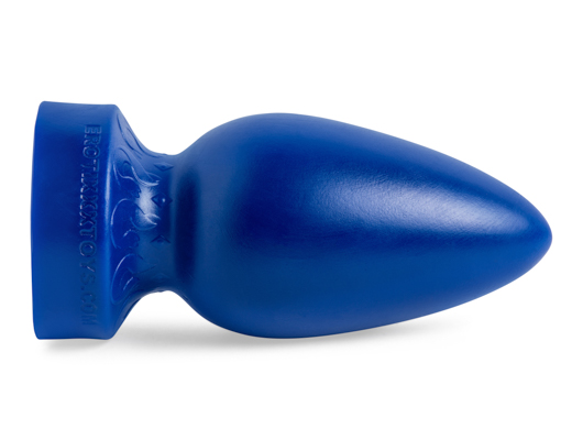 Medium-sized butt plug in vibrant blue silicone, featuring a teardrop shape and elegantly embossed base design.