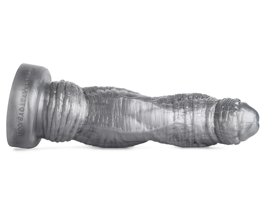 The silver horny rhino toy placed horizontally on a white background and surface.