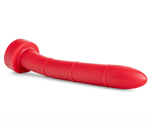 Serpentine Fantasy Dildo in vivid red platinum-cured silicone, showcasing coiled shaft and raised scale texture for deep reptilian stimulation.