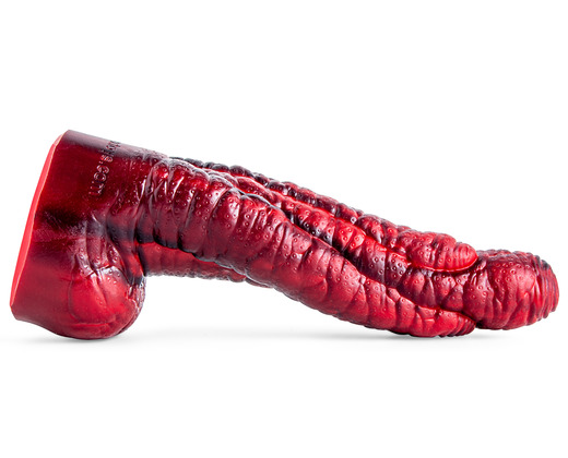 Mr. Hankey's Toys' blood red Sea Monster dildo placed horizontally on a white background with the side profile of the shaft and balls facing towards the viewer.