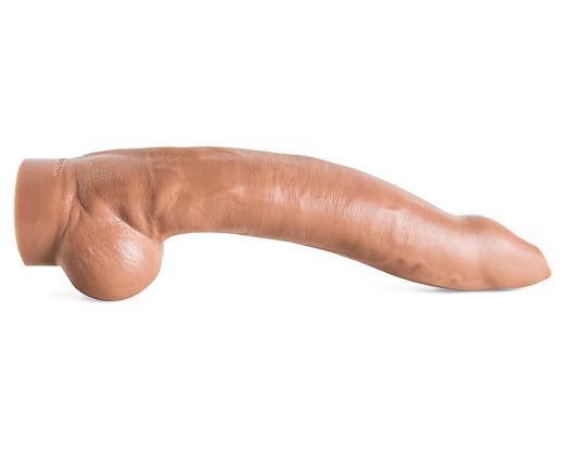 Side view of the XXXCalibur silicone dildo in Natural Tan, showcasing its sword-inspired pointed tip and lifelike vein texture for deep-stretch fantasy play.