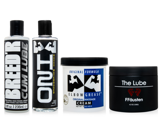 ll four premium lubricants by Mr. Hankey’s Toys displayed side by side—Breed’r Cum Lube, H2O Maxxx, FFausten, and Elbow Grease Original—designed for fisting, deep play, and toy compatibility.