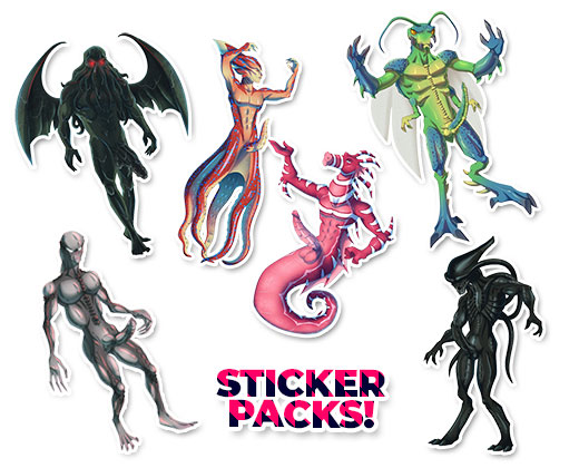 All six Hankey’s Toys limited edition fantasy stickers displayed flat, featuring designs from Shell Yeah! and Alien Love packs with vibrant artwork and bold adult novelty themes.