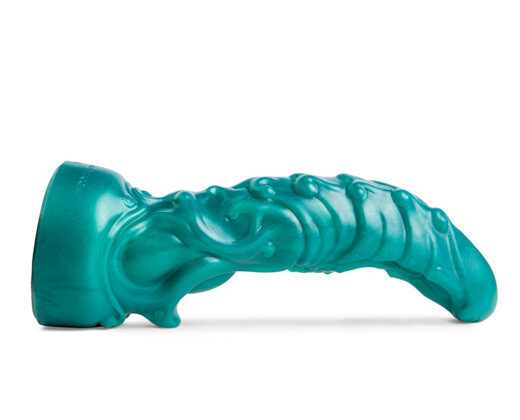 Oni silicone dildo by Mr. Hankey’s Toys laying flat, side profile showcasing bold curves, textured ridges, and veined fantasy-inspired design in Metallic Green