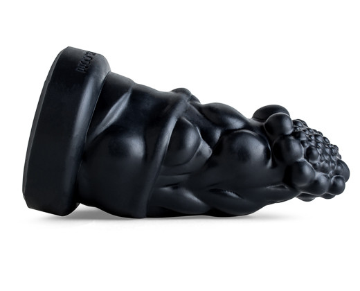 Prince Charming silicone dildo laying on its side, close-up of textured head and bold ridges in Black, designed for deep stretch and sensory stimulation.